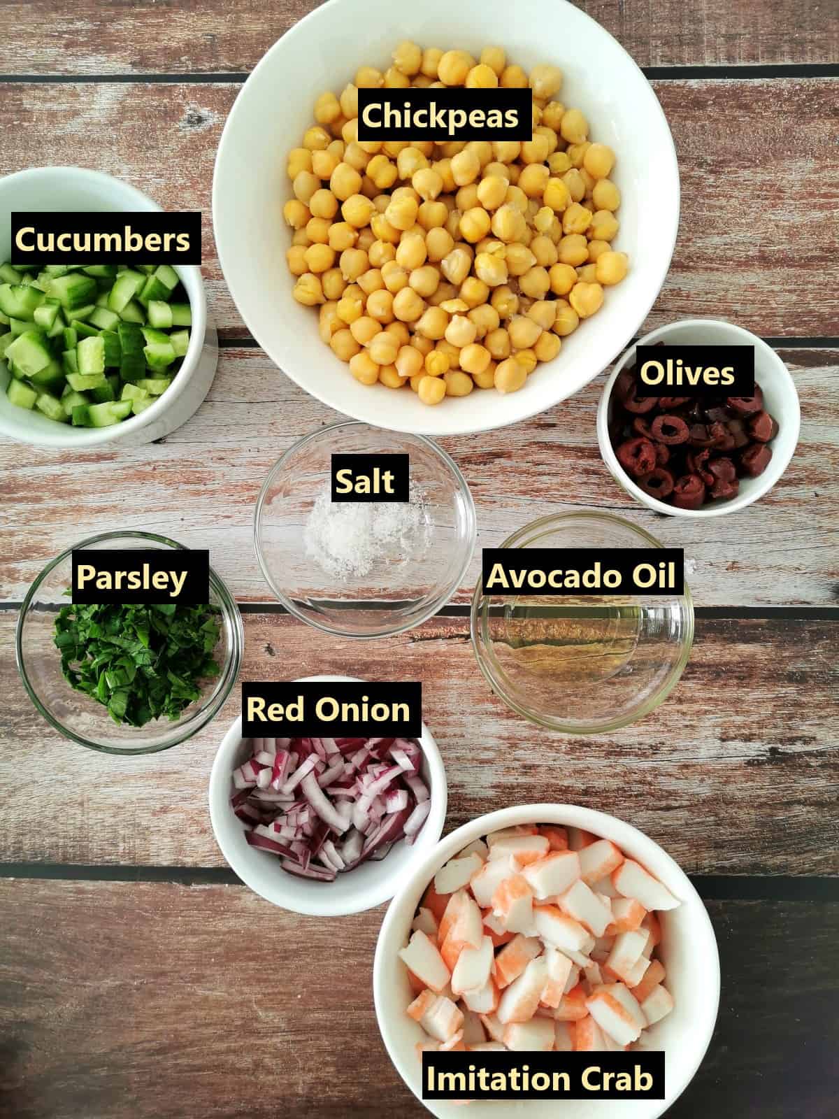 Chickpea and Crab Salad - all ingredients labeled.