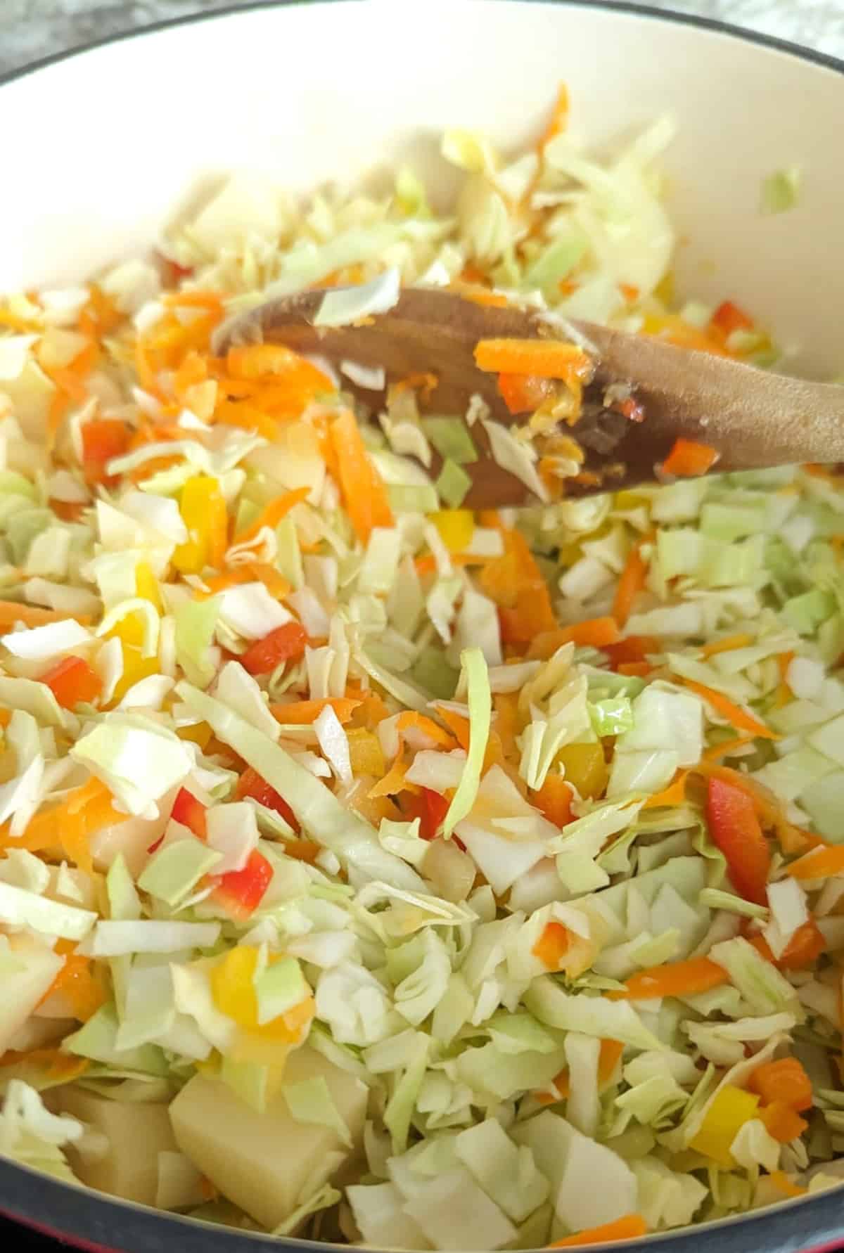 shredded cabbage, potatoes, bell pepper, carrot in soup pot