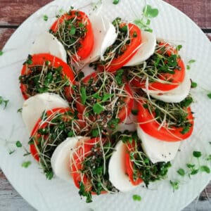 Caprese salad with microgreens on white plate.