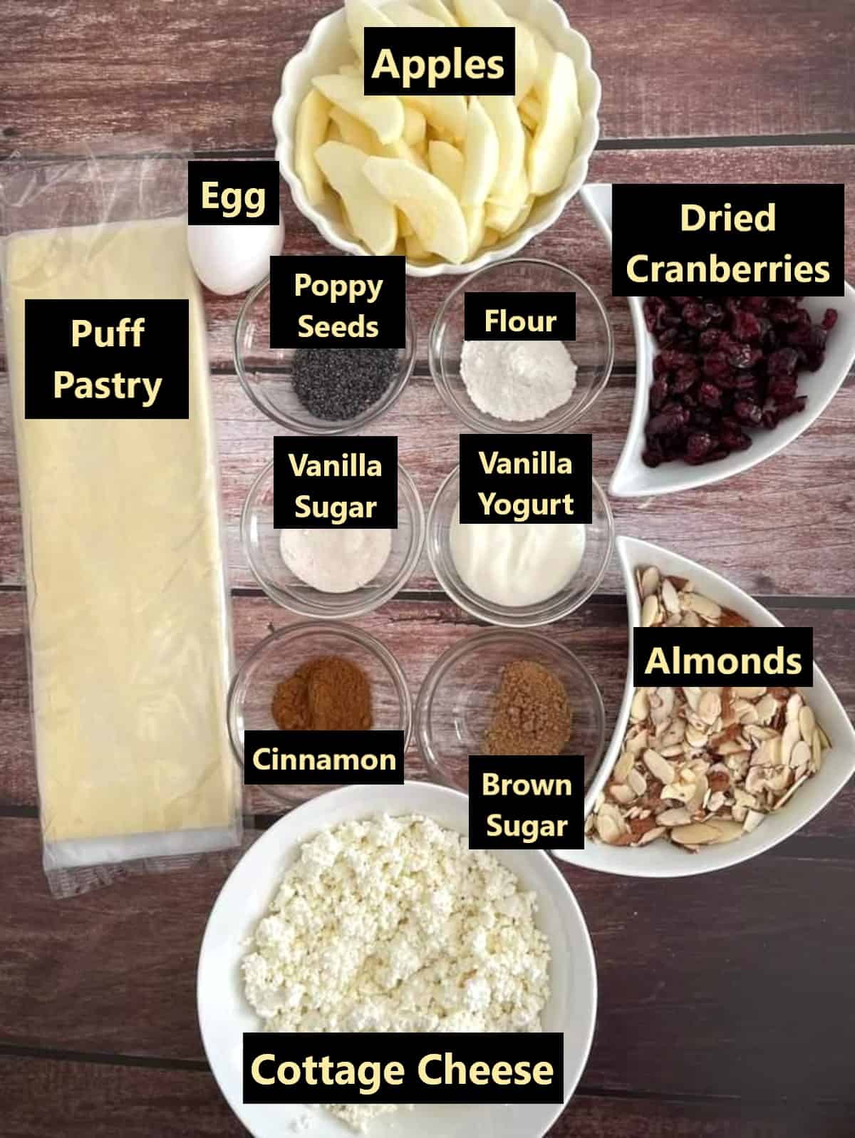 Cottage cheese and apple pie-all ingredients labeled