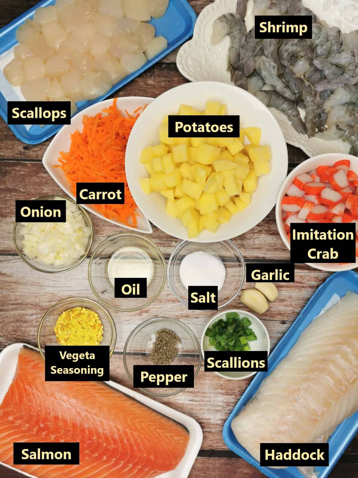 All ingredients of the seafood soup labeled.
