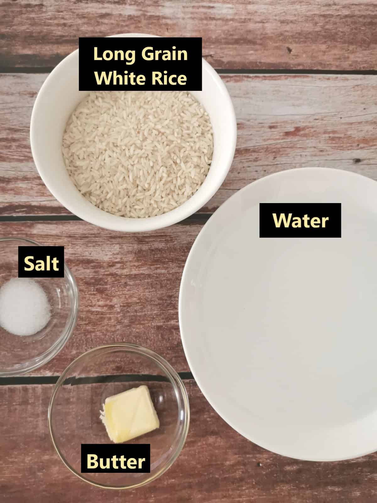 labeled ingredients for cooking rice.