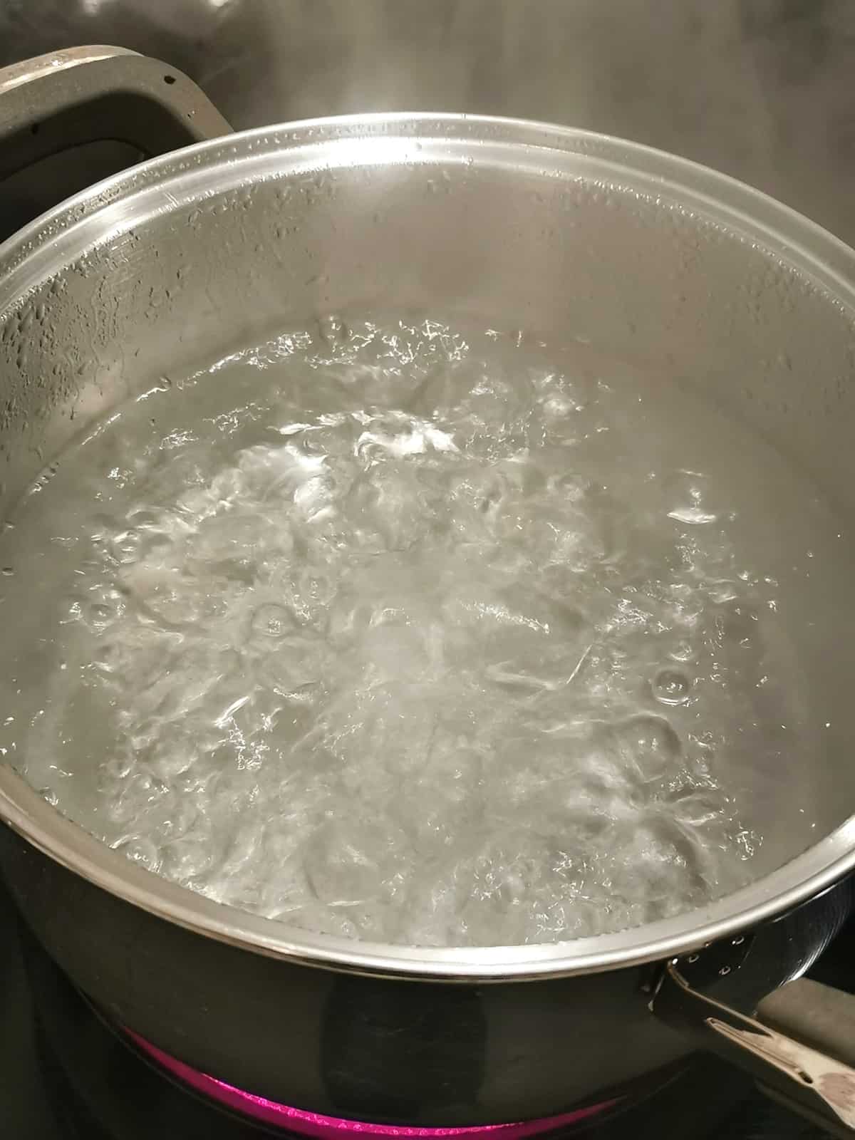 rolling boiling water in a large pot on a stove.