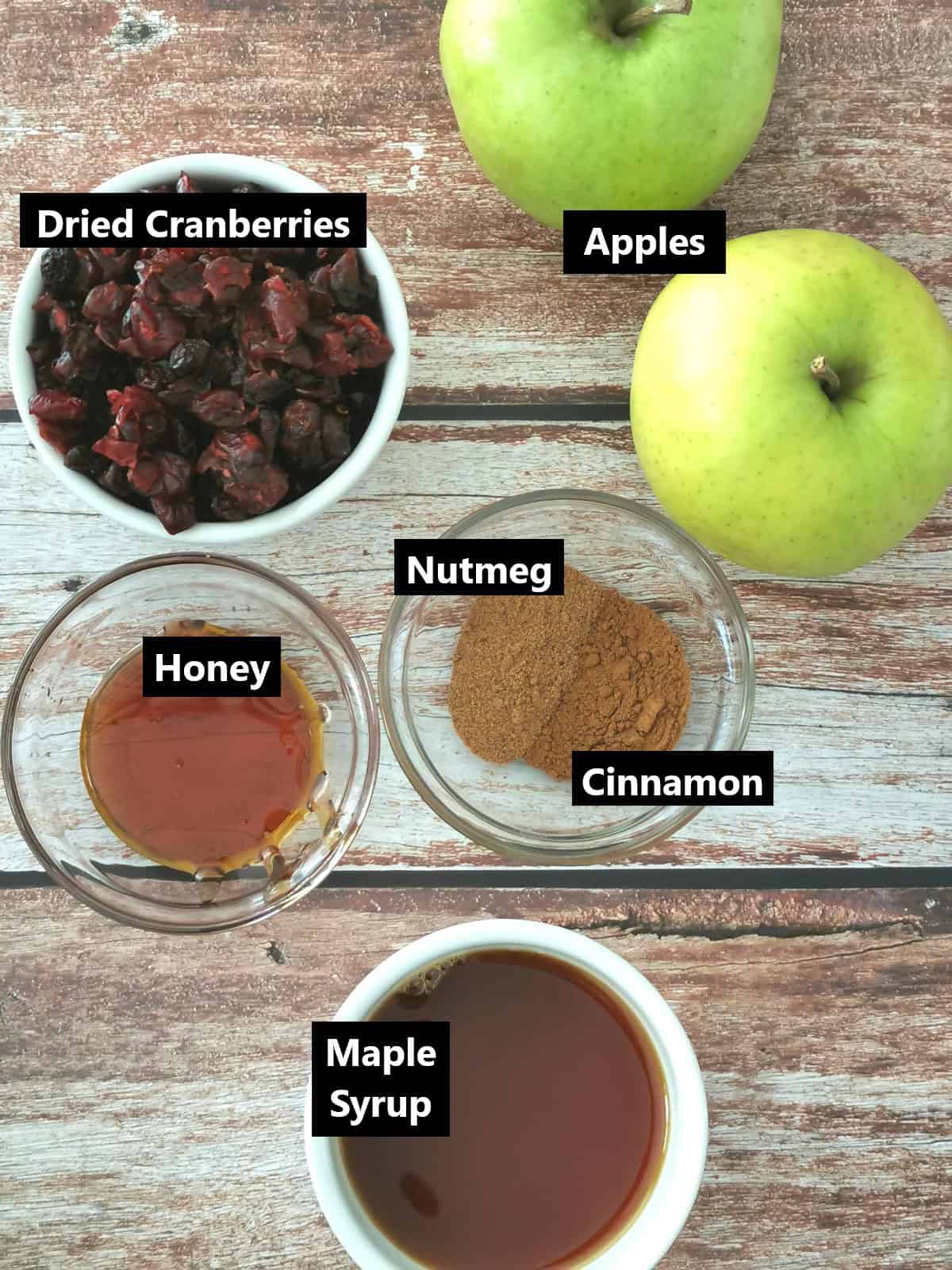 All ingredients of Maple Cinnamon Baked Apples labeled.