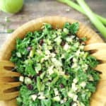 asparagus kale salad in a large wooden bowl.