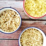 different types of cooked couscous in 3 separate bowls.