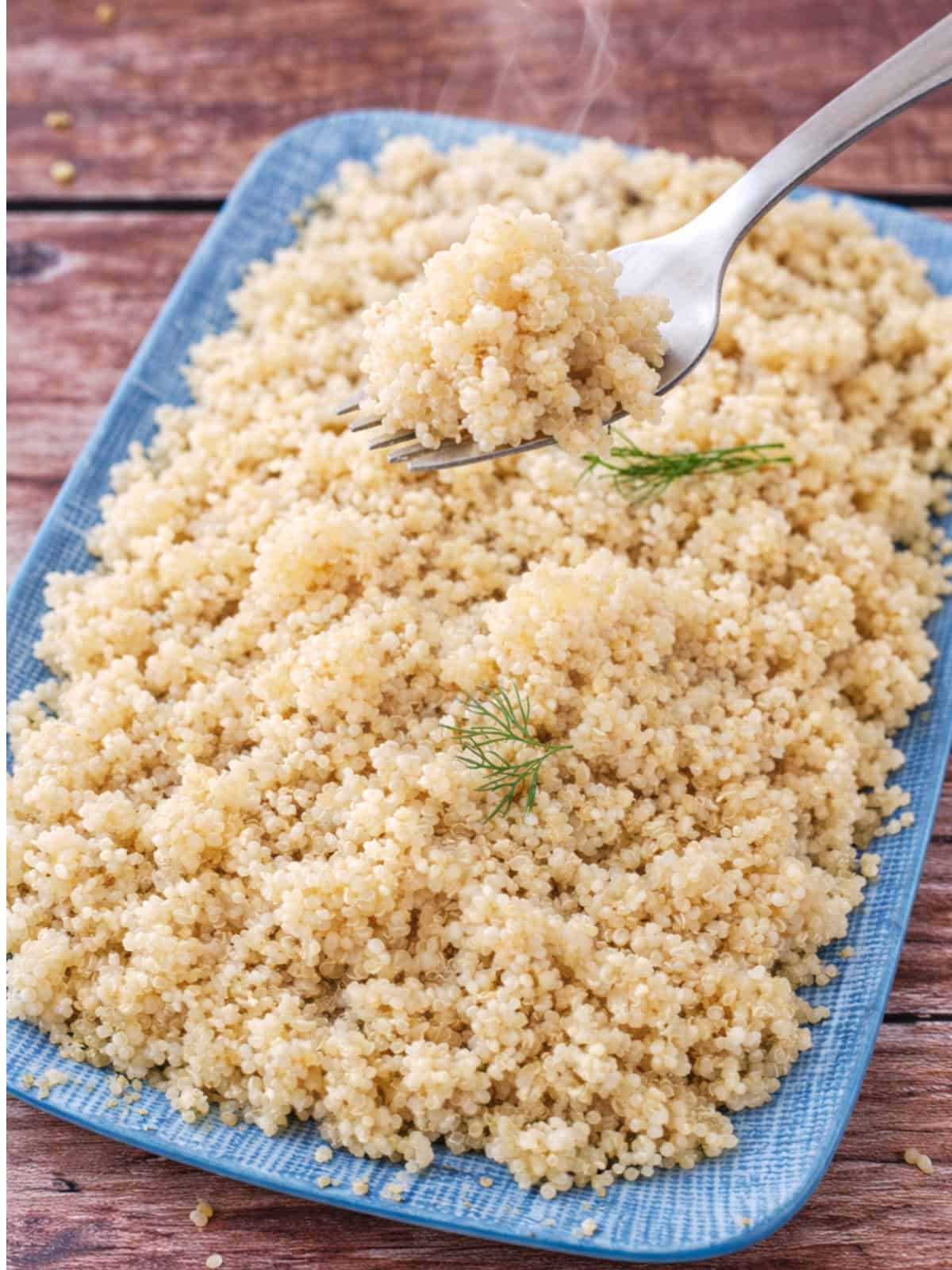 Close-up of fluffy cooked quinoa with perfect grain separation, lifted with a fork.