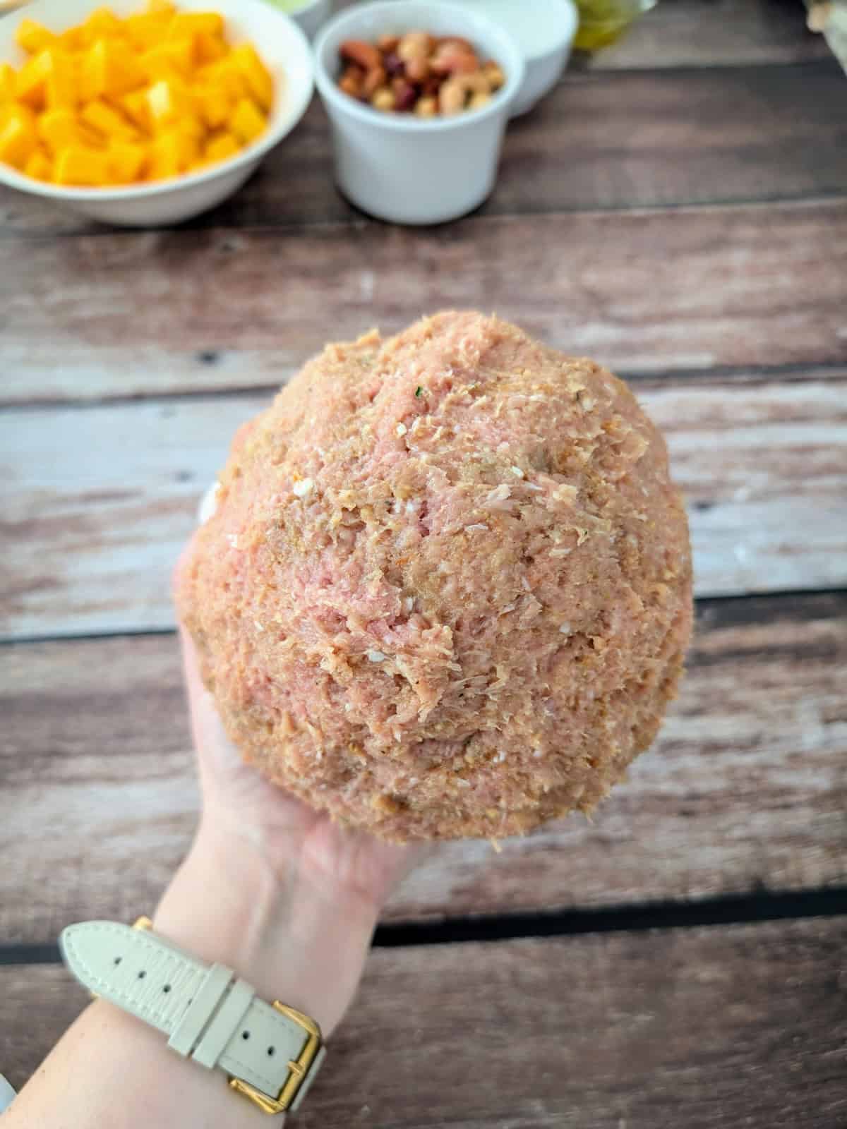 hand holding large ground meat-covered large onion.