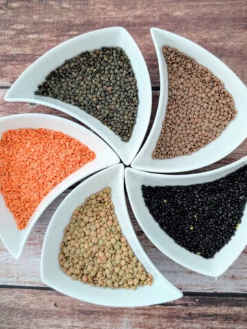 different types of lentils in separate plates.