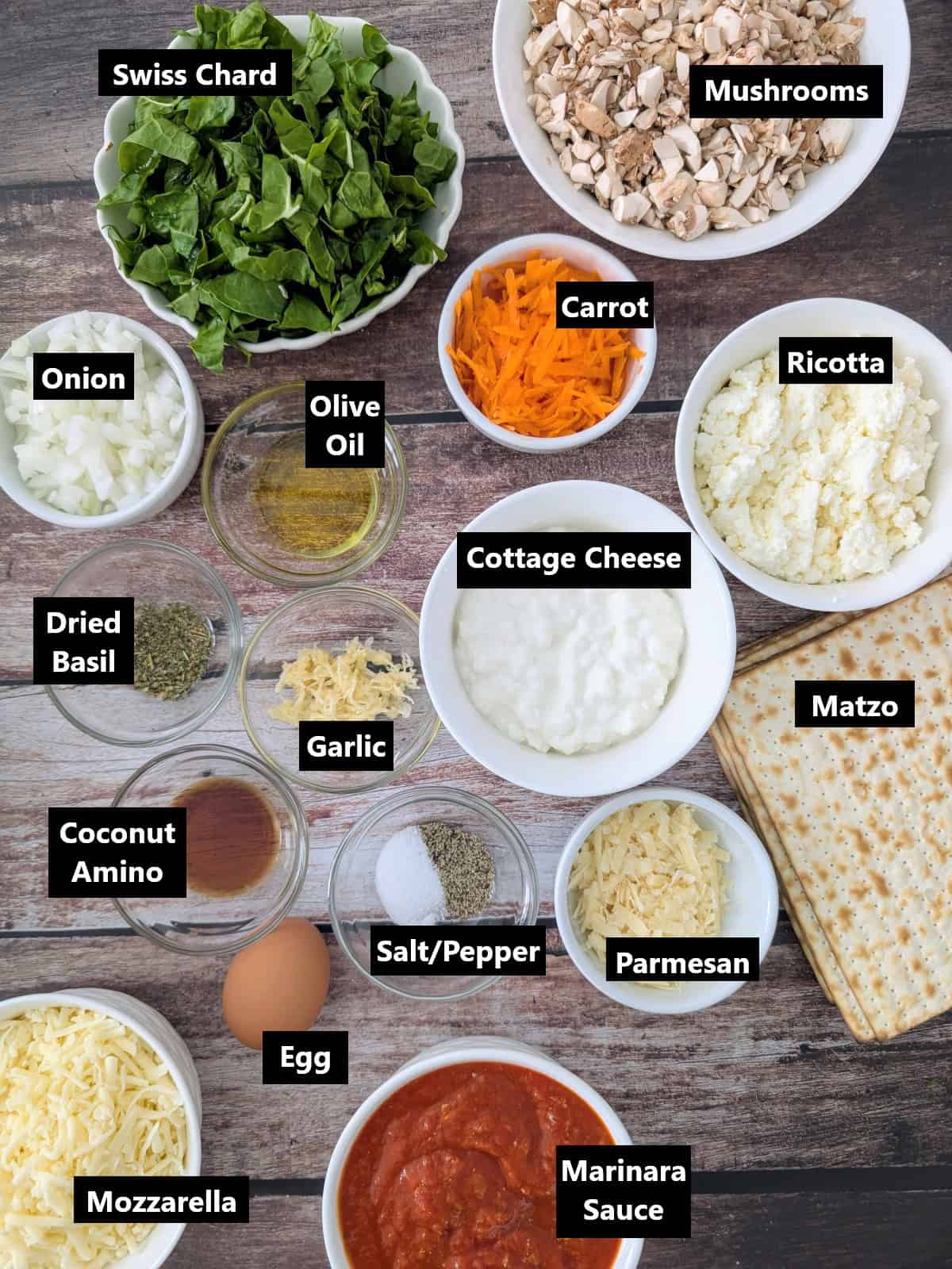 labeled ingredients for matzo lasagna recipe.