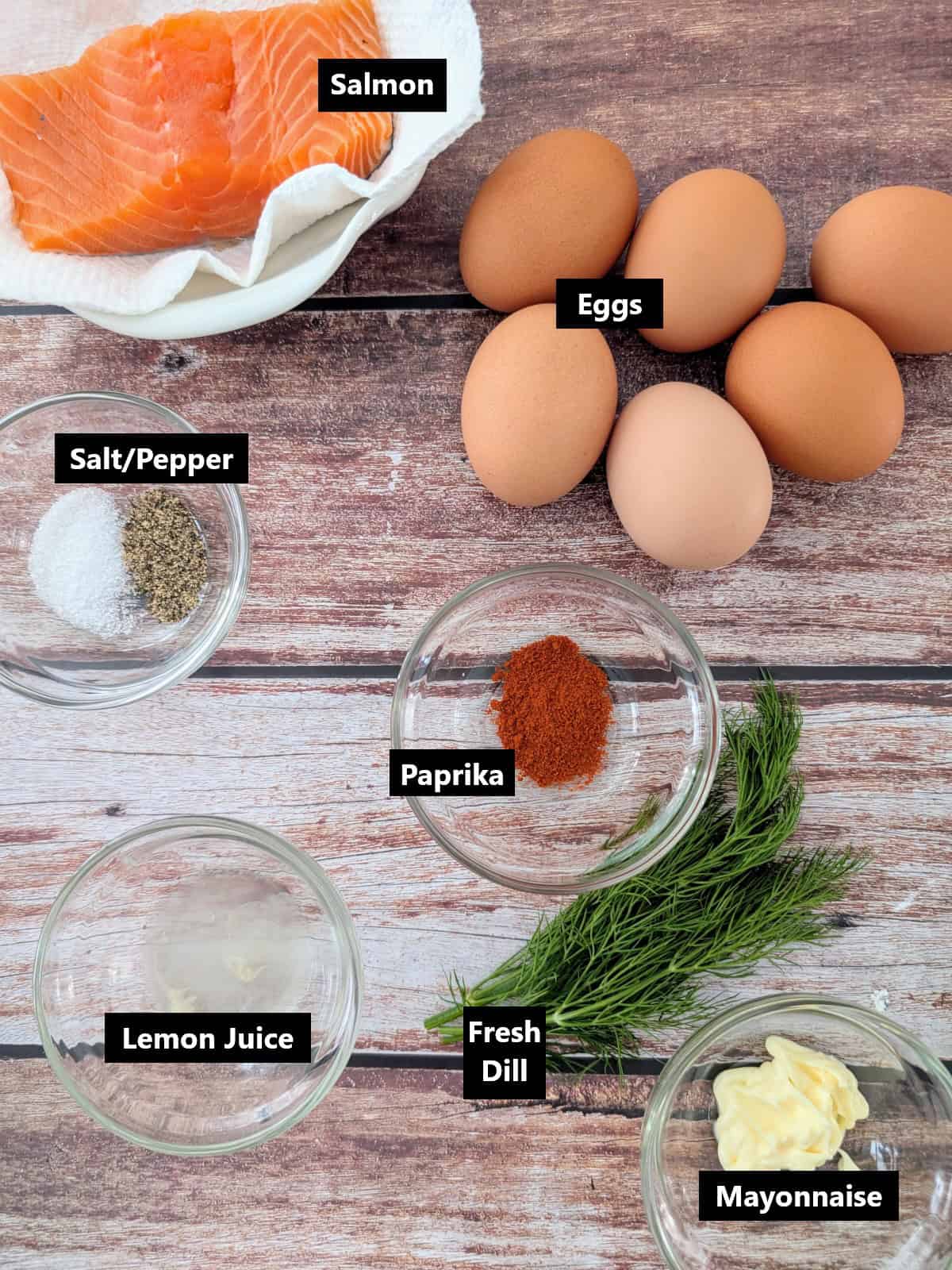 all ingredients of Passover Salmon Deviled Eggs labeled.
