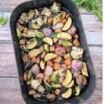 Roasted Vegetables with Sweet Potatoes & Shallots in an air fryer pan.