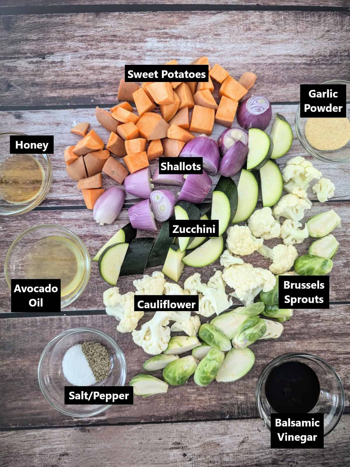 all ingredients of Air Fryer Roasted Vegetables with Sweet Potatoes & Shallots labeled.