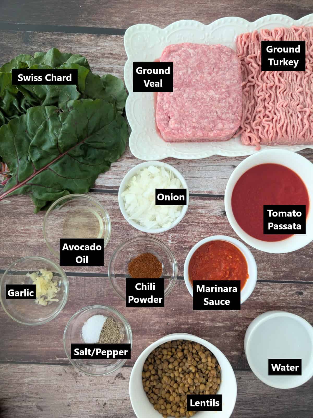 all ingredients of Swiss Chard Rolls recipe labeled.