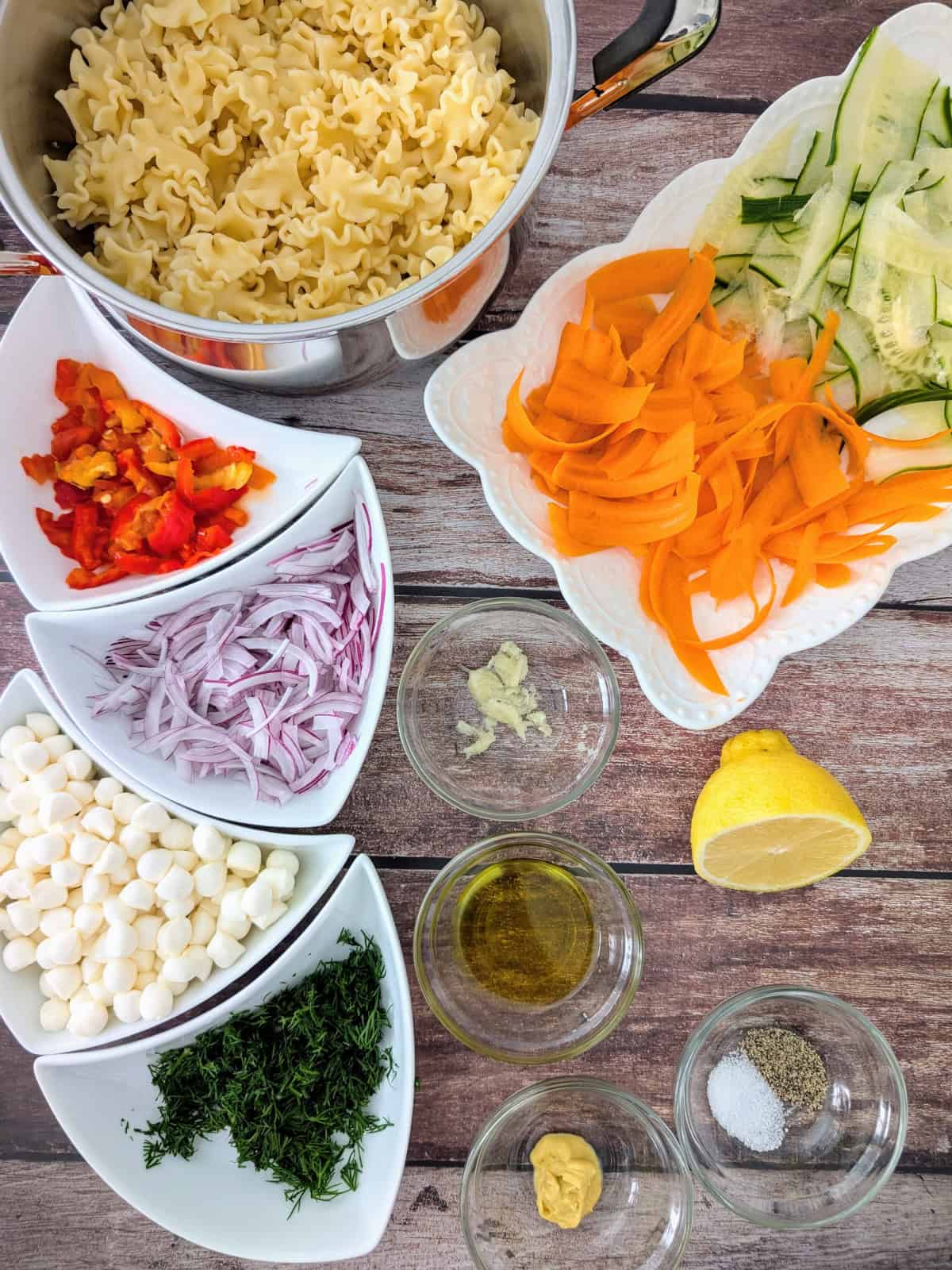 all ingredients for pasta salad with ribbon vegetables.
