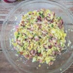 Smoked Turkey and Egg Salad in a large glass mixing bowl.