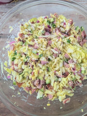 Smoked Turkey and Egg Salad in a large glass mixing bowl.