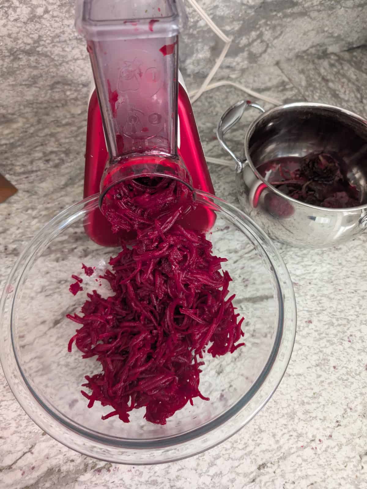 cooked beet grated in an electric grater.