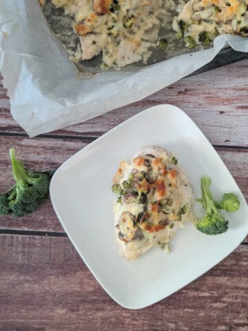 Chicken Boats with Broccoli Mushroom Filling on a white plate.