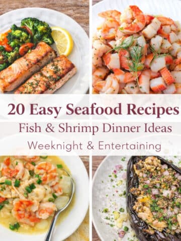 Collage of salmon, shrimp seafood medley, seafood soup, and stuffed eggplant featured in 20 easy seafood recipes for weeknight dinners and entertaining.