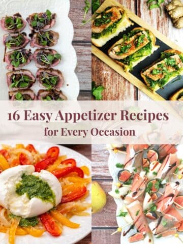 Collage of four appetizers: duck breast with date pate, burrata with roasted peppers, ahi tuna seaween, and prosciutto-wrapped figs and pears.