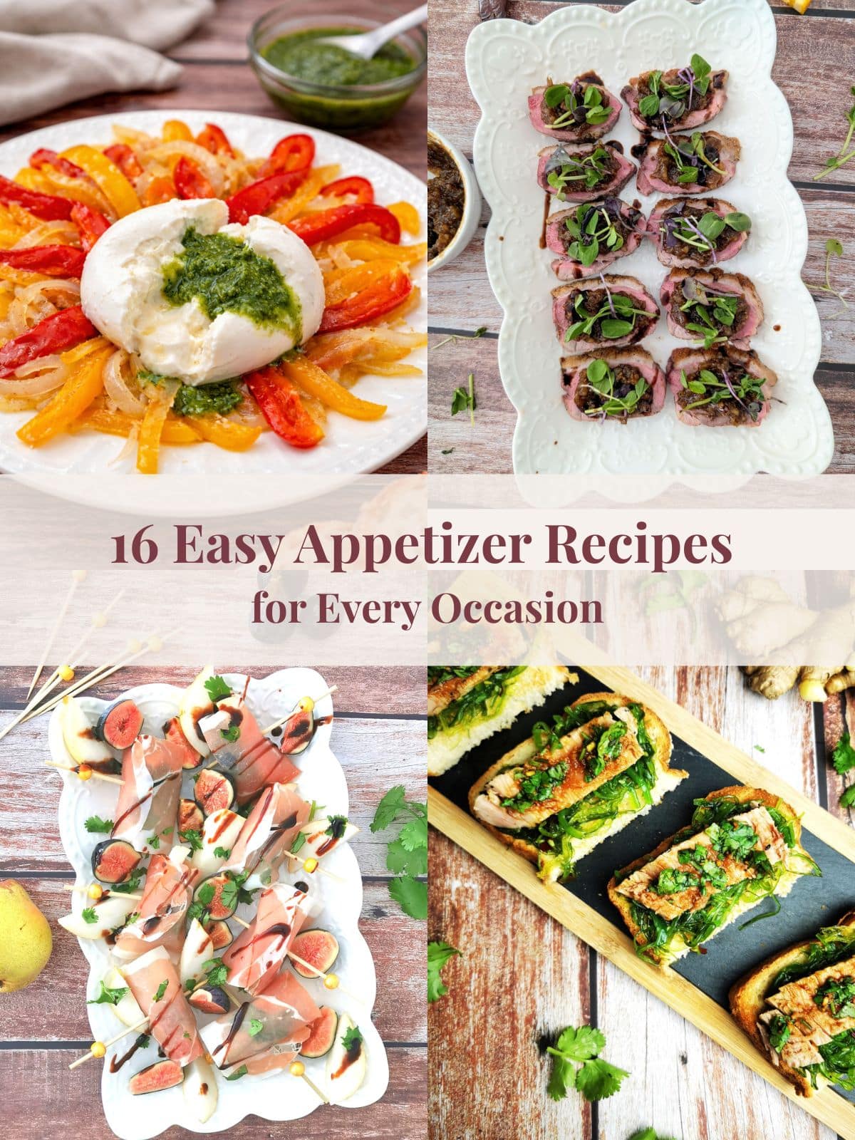 Collage of four appetizers: duck breast with date pate, burrata with roasted peppers, ahi tuna seaween, and prosciutto-wrapped figs and pears.