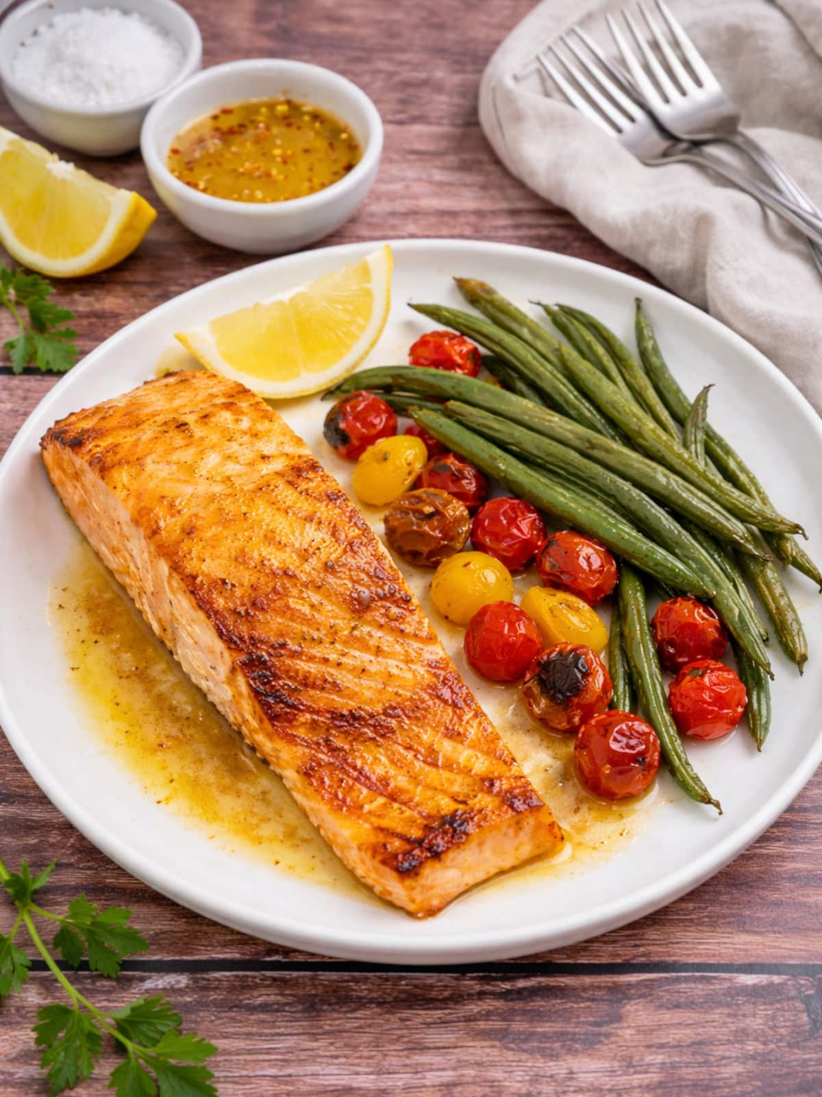 Easy healthy lemon Dijon honey baked salmon with green beans and tomatoes.