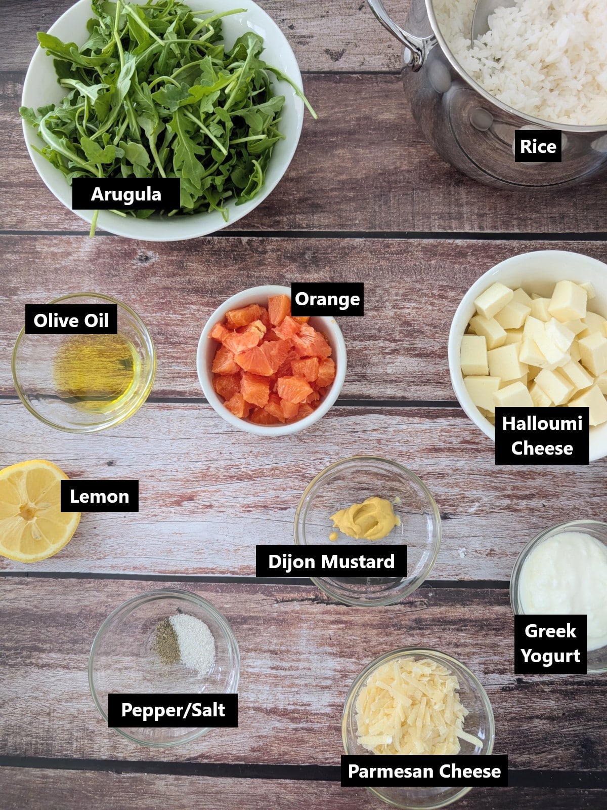 all ingredients of crispy rounds with arugula orange halloumi labeled.