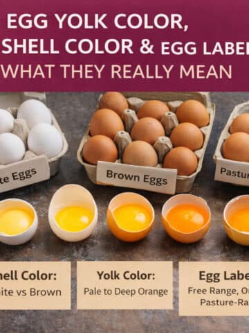 Egg yolk color chart showing pale to deep orange yolks with white vs brown eggs and common egg labels.