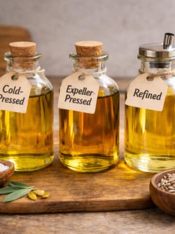 cold pressed, expeller pressed, refined oils in glass bottles.