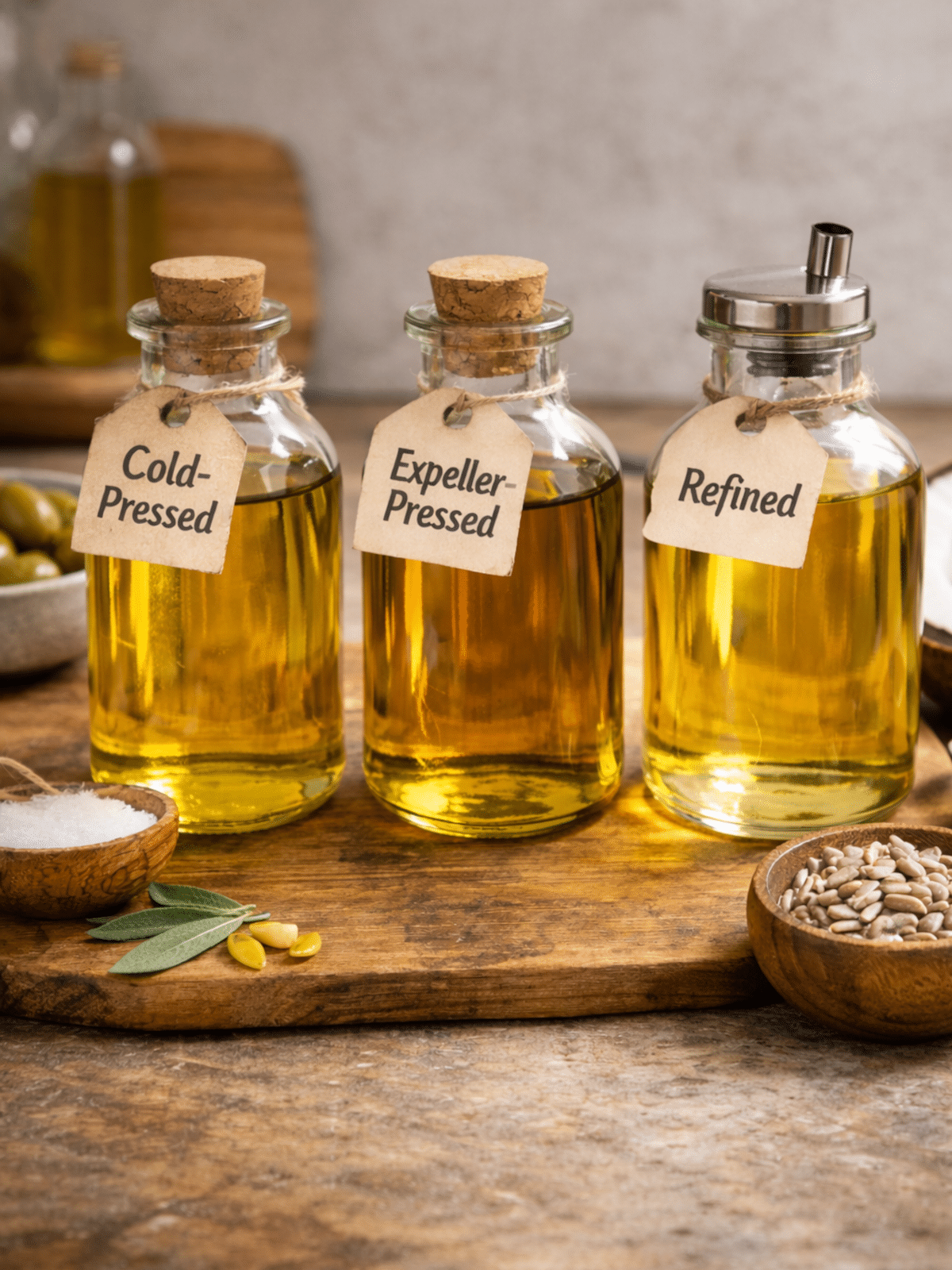 cold pressed, expeller pressed, refined oils in glass bottles.