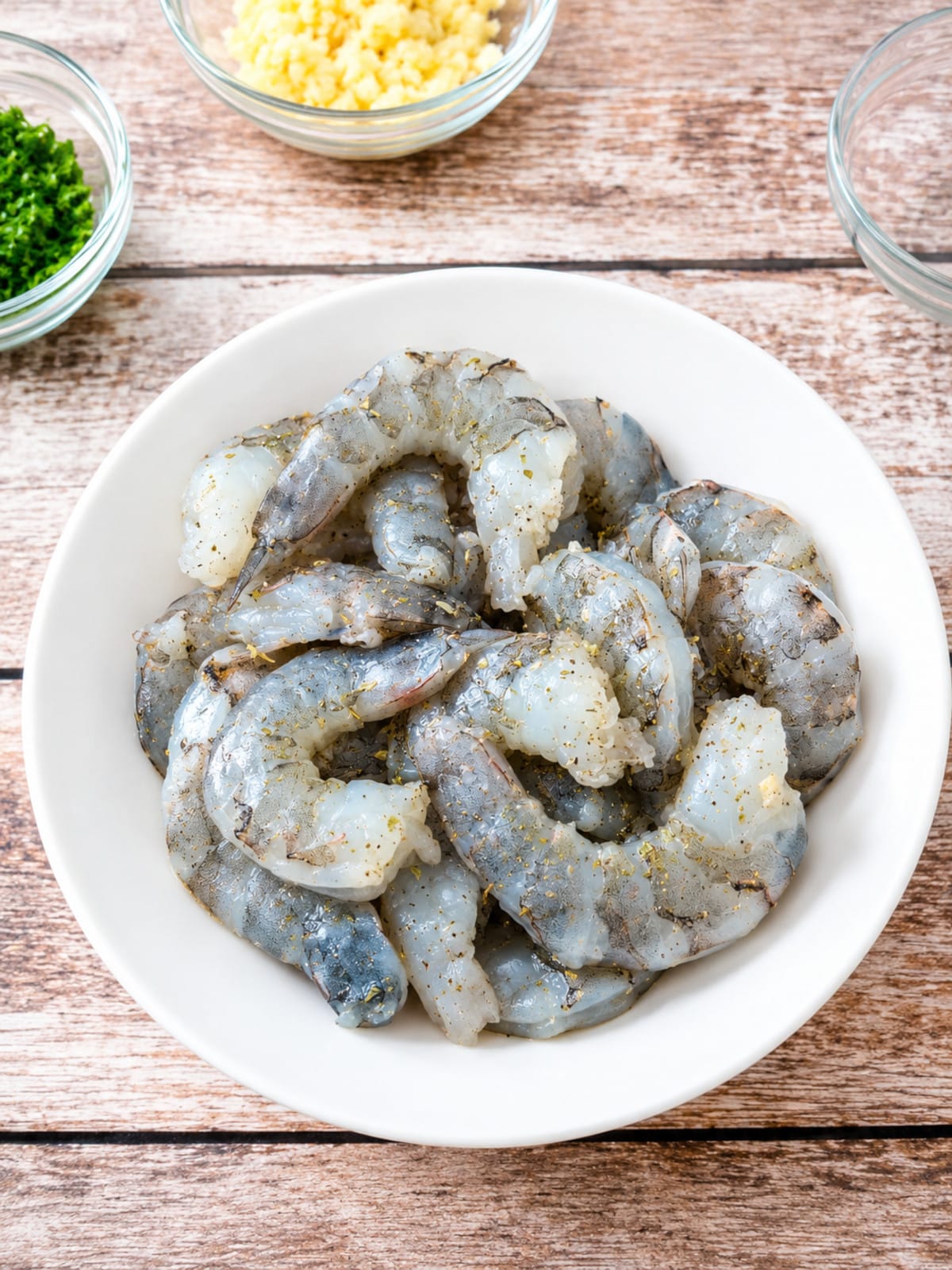 Raw shrimp seasoned with Italian herbs and black pepper for easy garlic butter shrimp recipe.