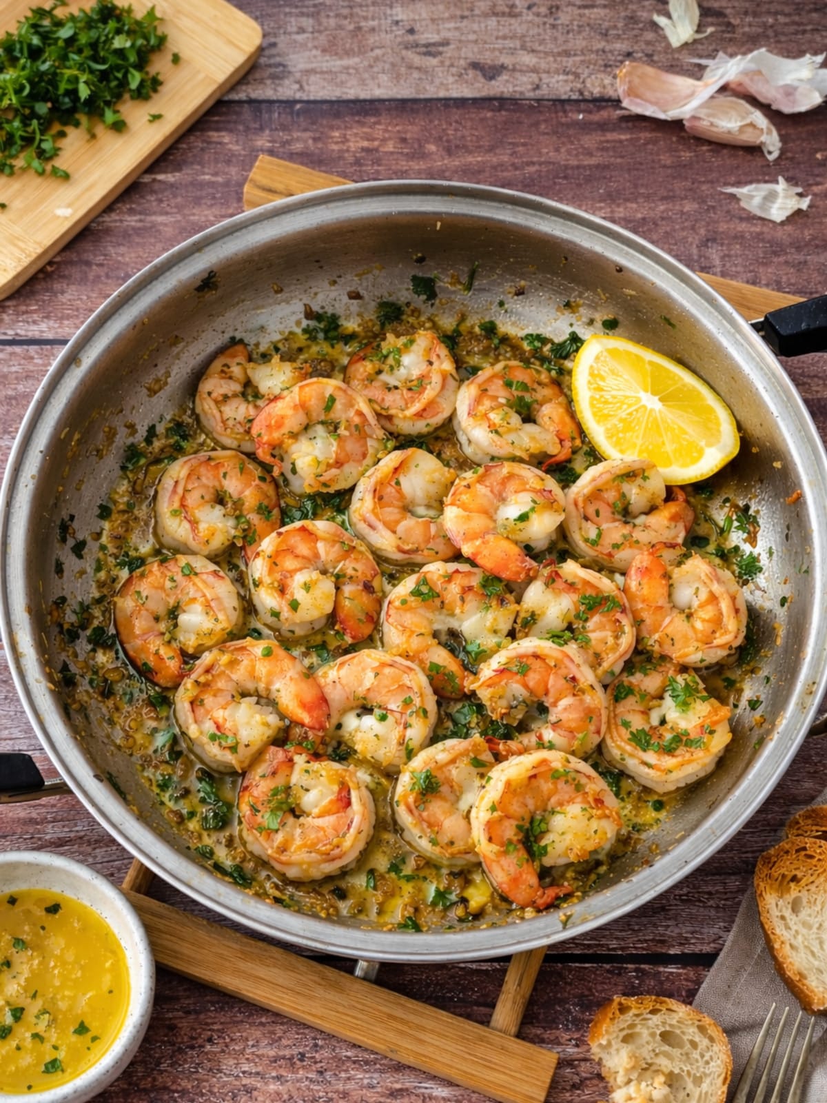 easy garlic butter shrimp in skillet.