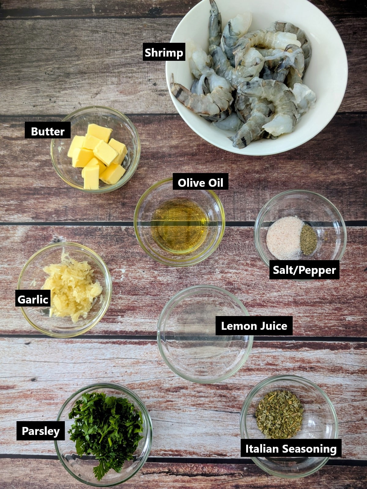 all ingredients of easy garlic butter shrimp recipe labeled.