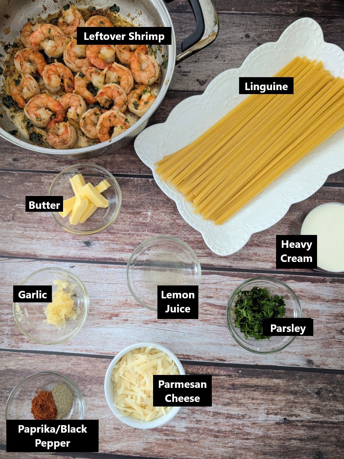 all ingredients of creamy garlic butter shrimp pasta labeled.