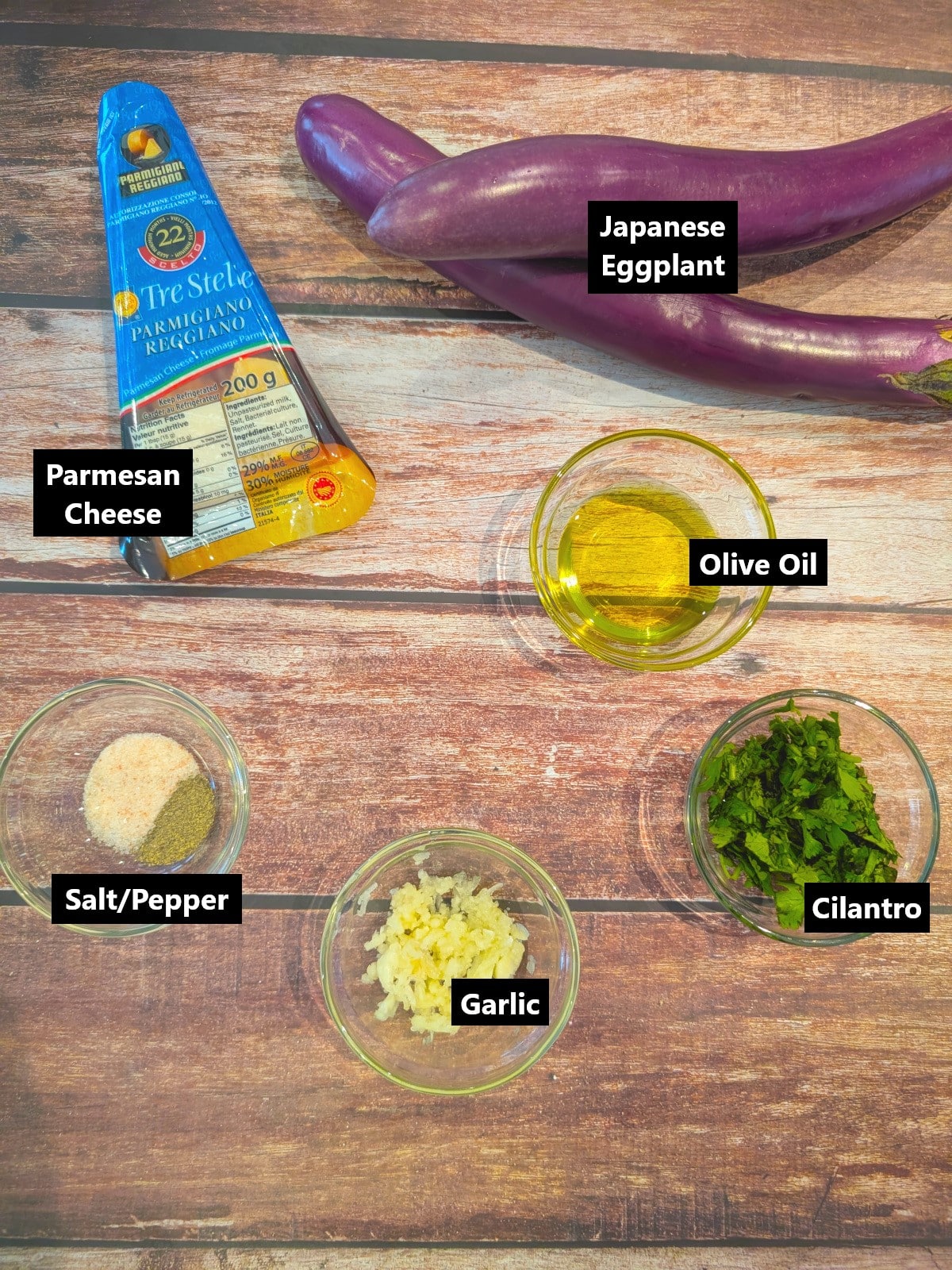 all ingredients of Roasted garlic Parmesan Japanese eggplant labeled.