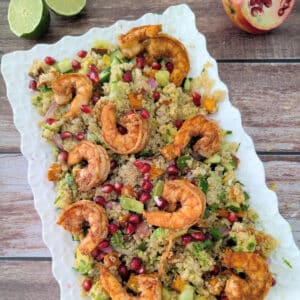Chili Lime Shrimp Sweet Potato Quinoa Salad on a white platter.