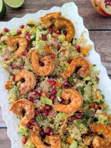 Chili Lime Shrimp Sweet Potato Quinoa Salad on a white platter.