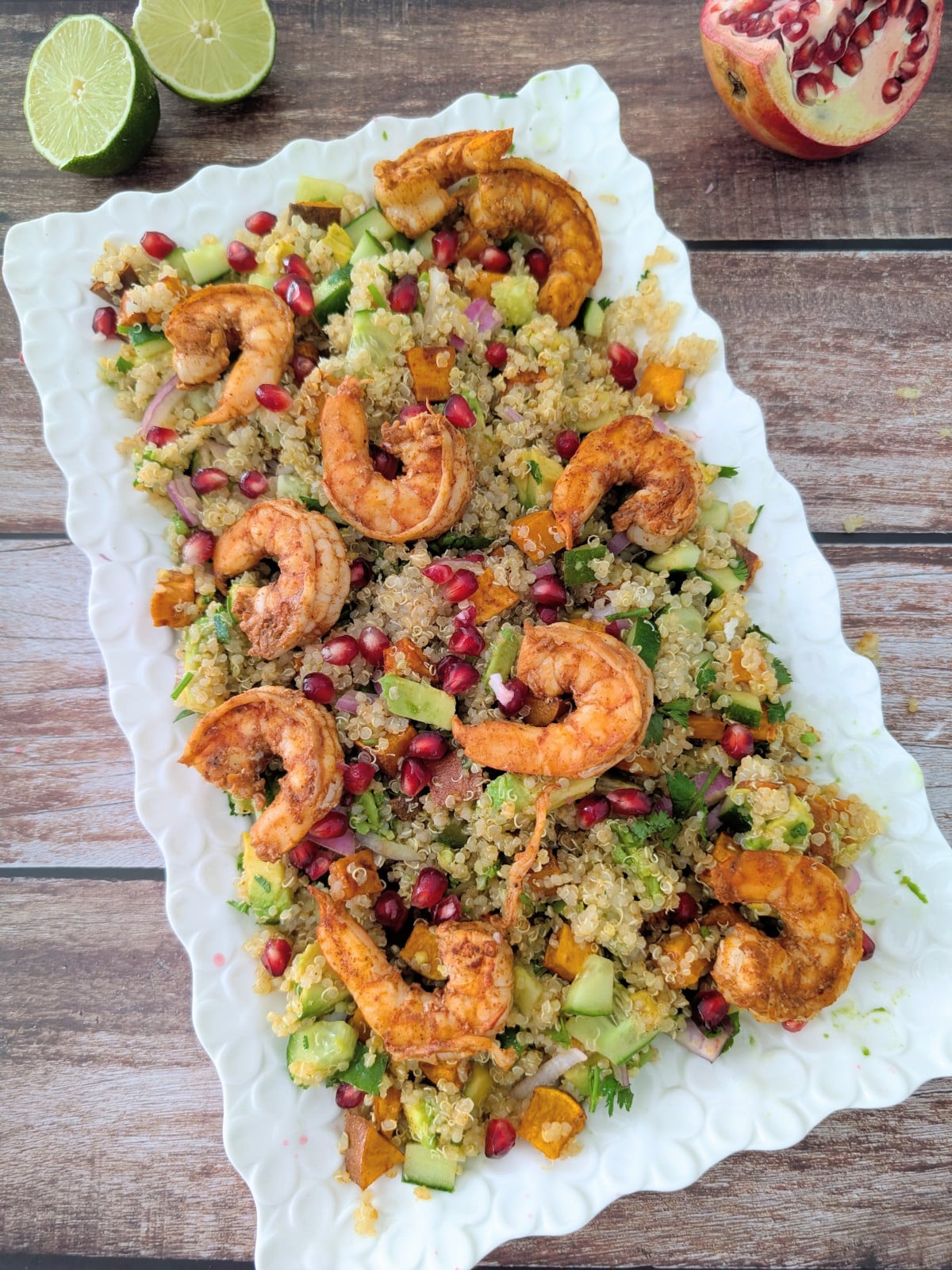 Chili Lime Shrimp Sweet Potato Quinoa Salad on a white platter.