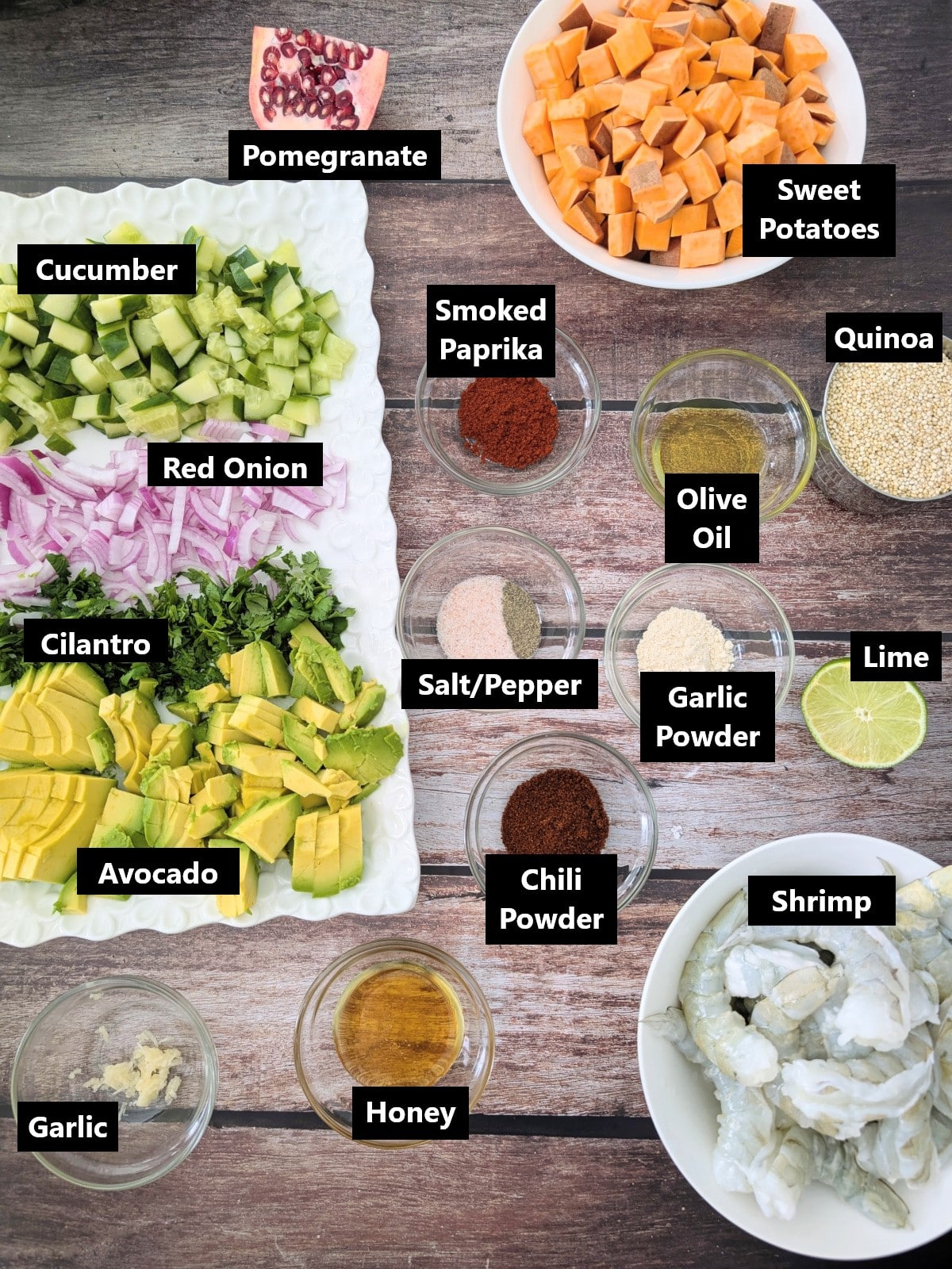 all ingredients of Chili Lime Shrimp Sweet Potato Quinoa Salad labeled.