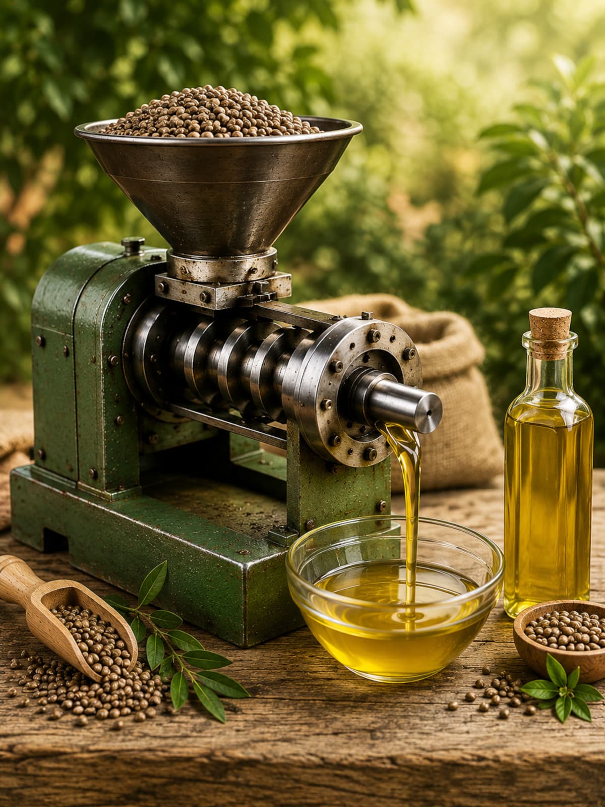 Cold-press oil extraction machine producing oil from seeds at low temperatures.