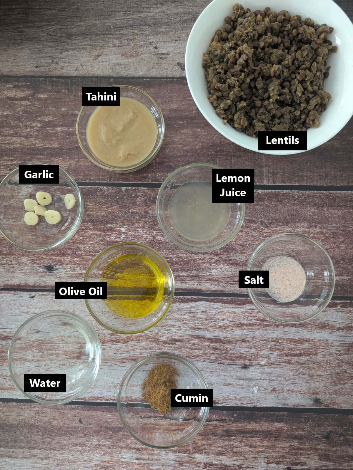 all ingredients for the lentil dip and tahini recipe labeled.