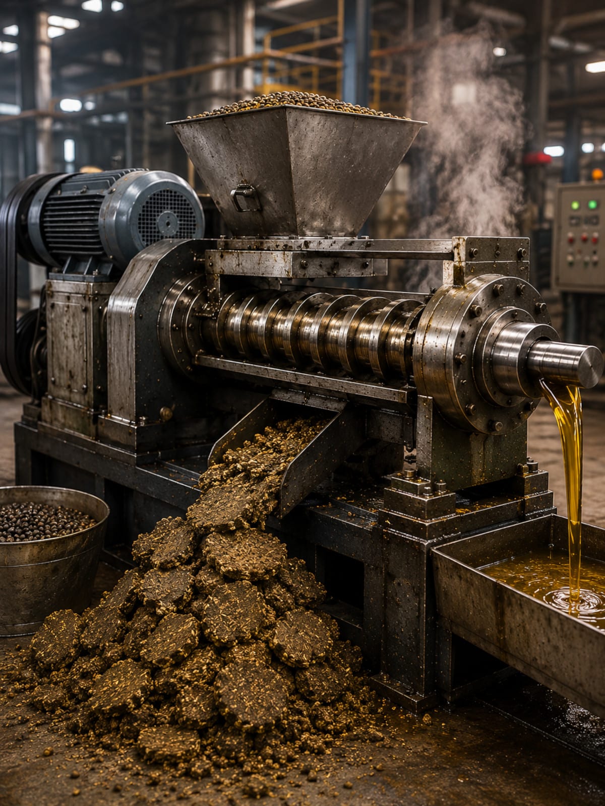 Industrial expeller press mechanically extracting oil from seeds with screw press technology.