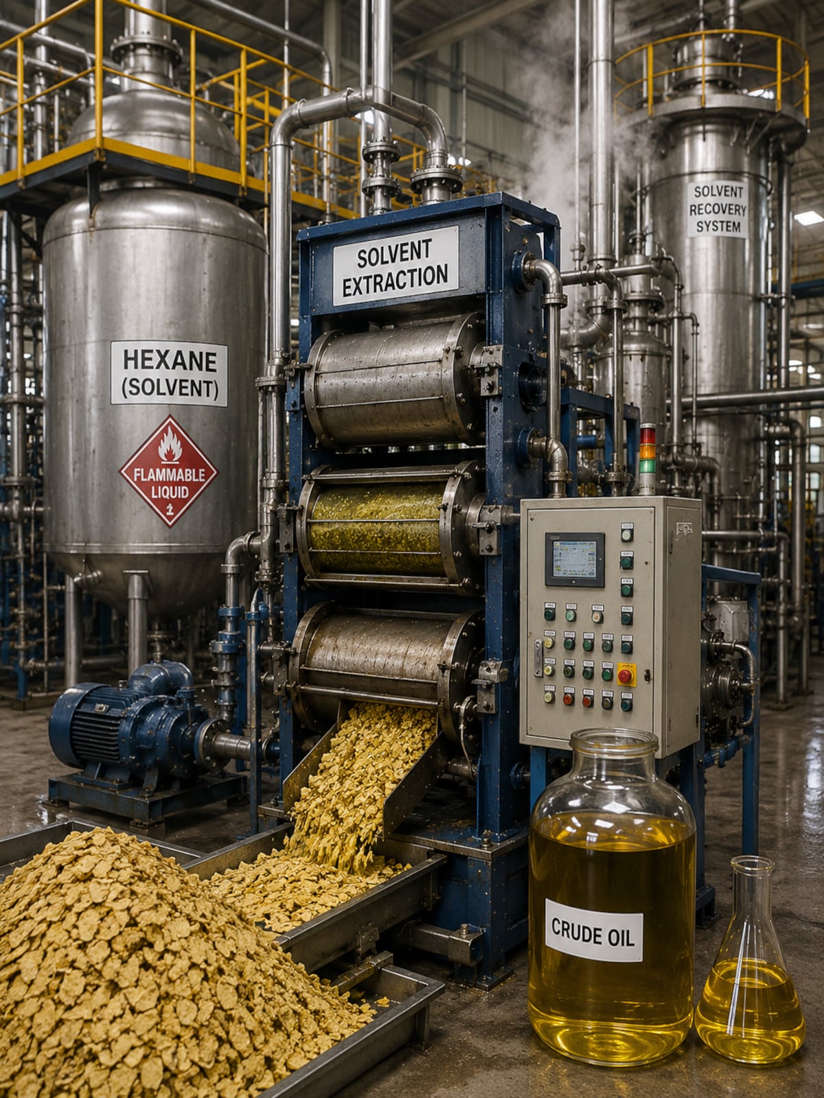 Industrial solvent extraction facility used to separate oil from oilseeds.