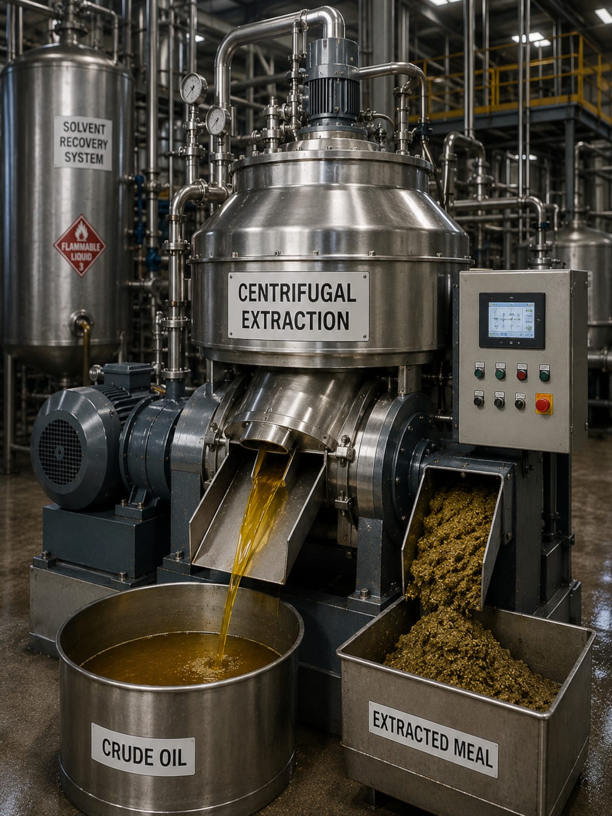 Centrifugal oil extraction equipment separating oil from fruit pulp using high-speed spinning.