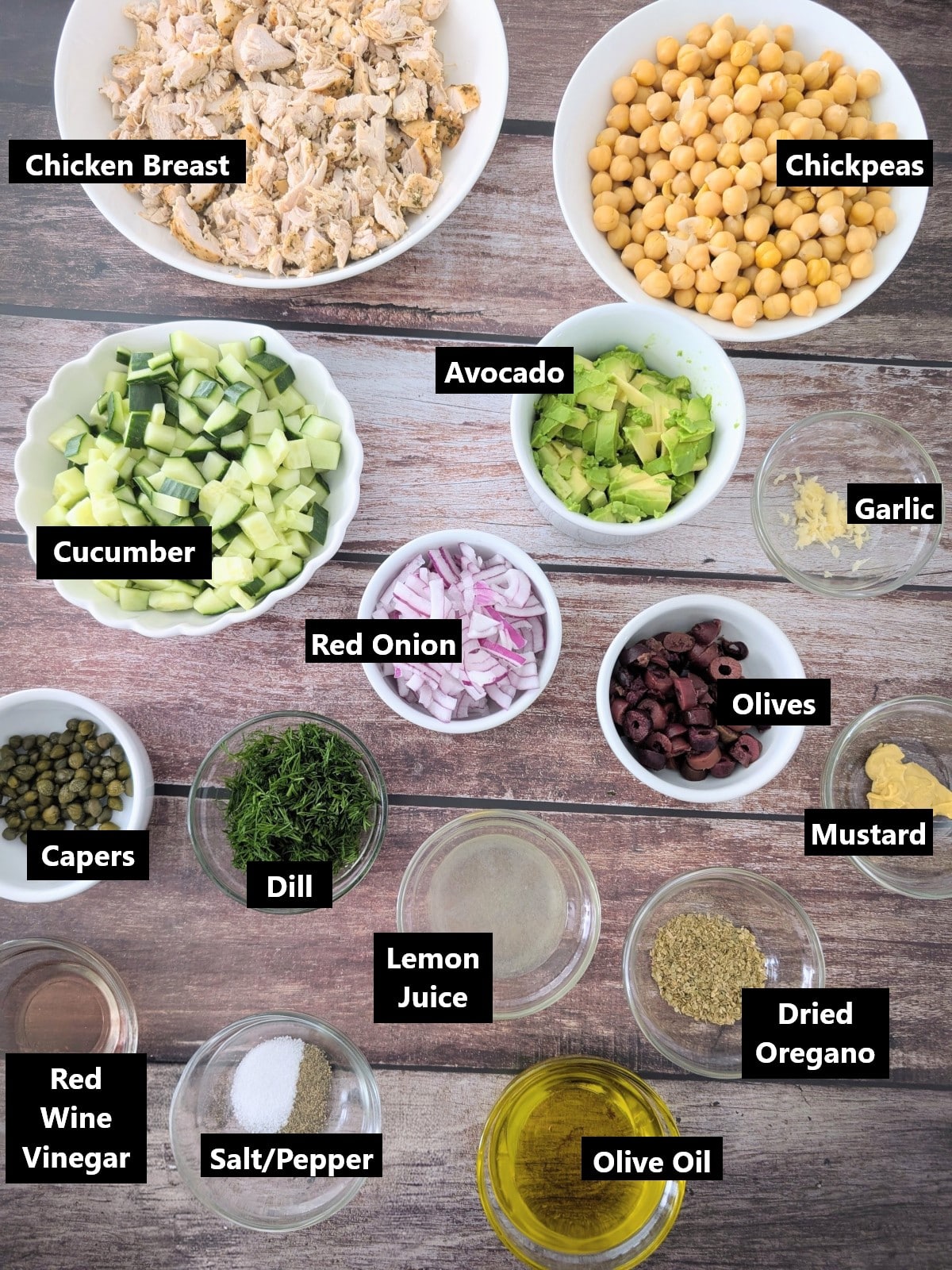 all ingredients of Chicken Salad with Leftover Chicken labeled.