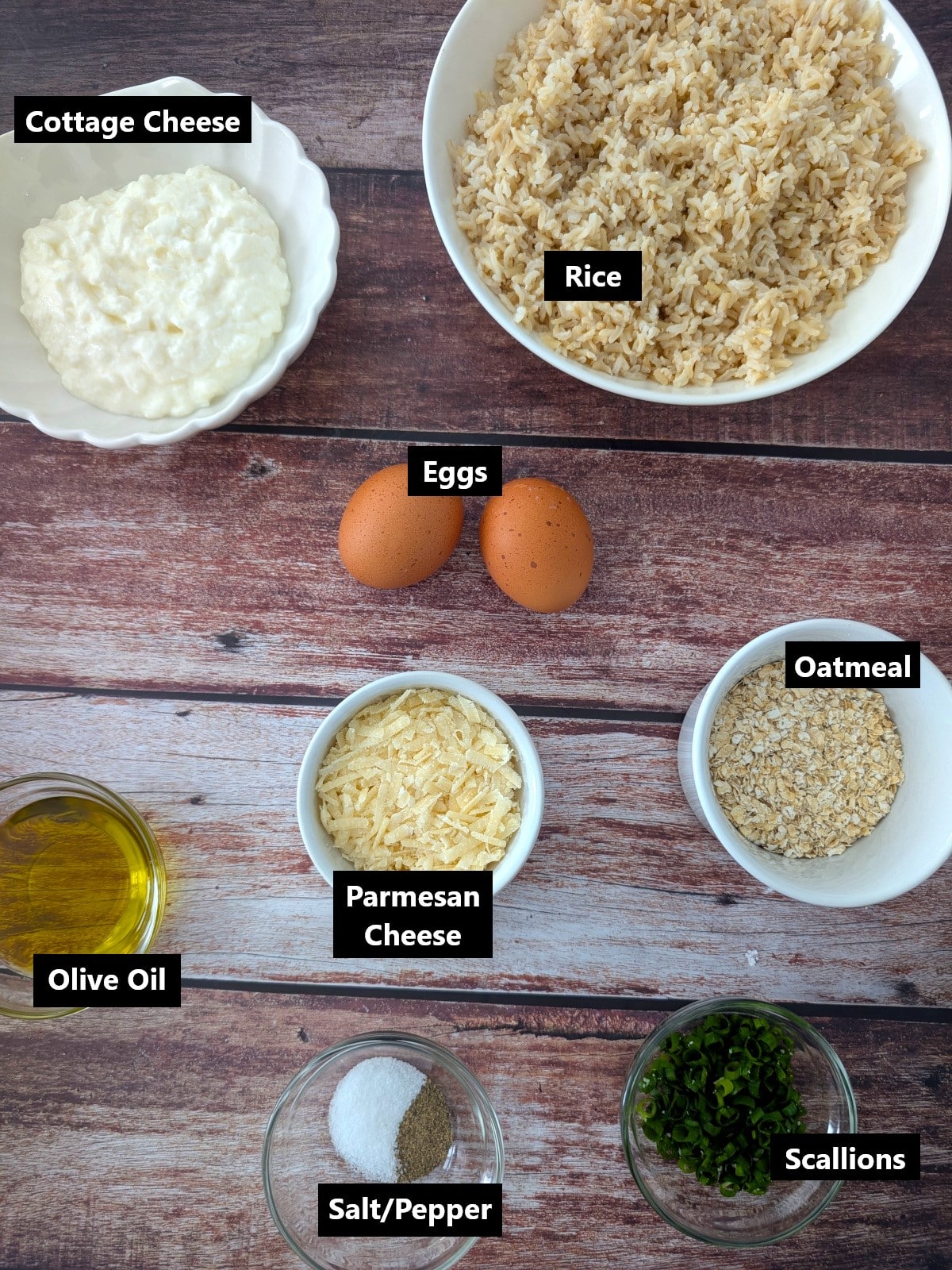 Ingredients for Crispy Rice Fritters including cooked rice, cottage cheese, eggs, oats, Parmesan, and green onions.