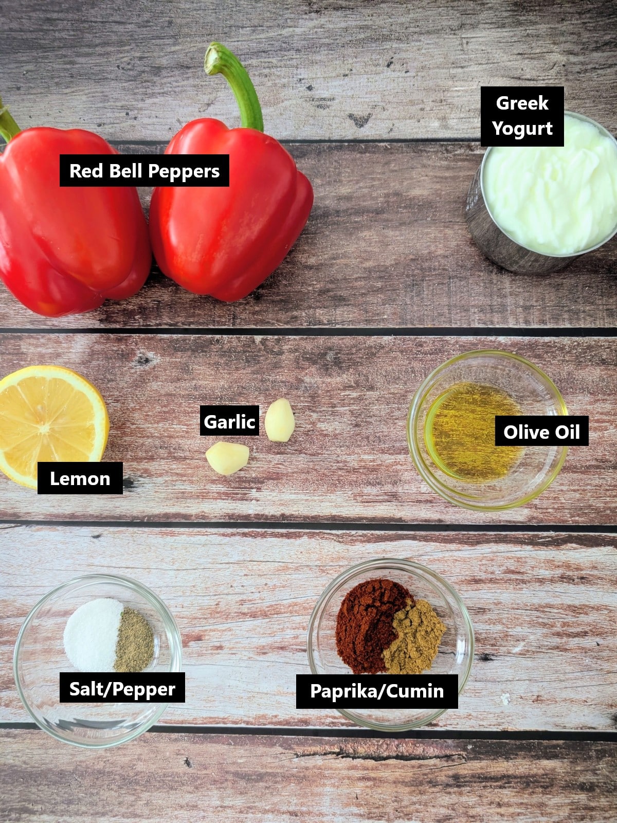 all ingredients of creamy roasted red pepper greek yogurt sauce labeled.