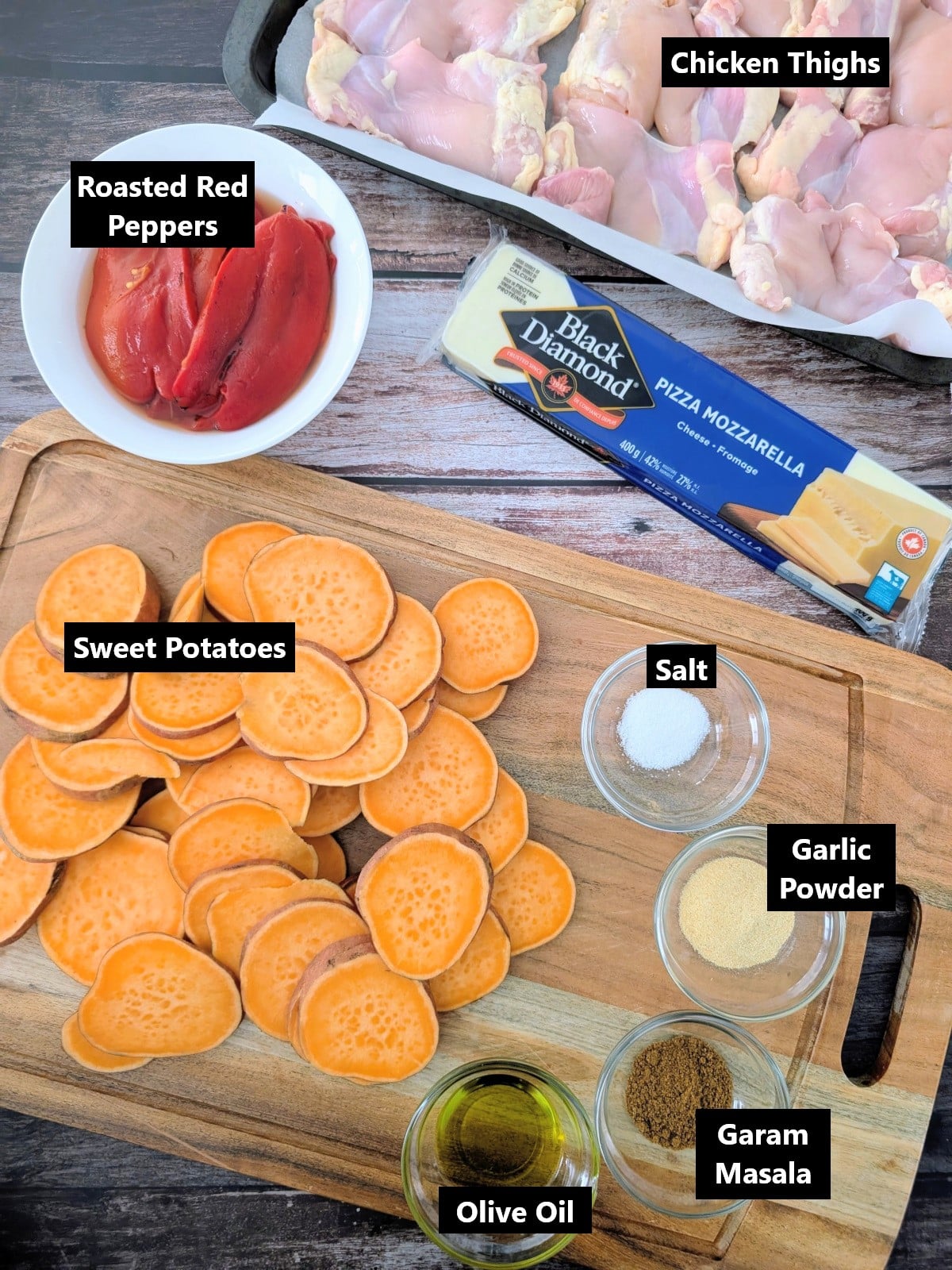 all ingredients of chicken thighs with sweet potatoes and roasted red peppers labeled.