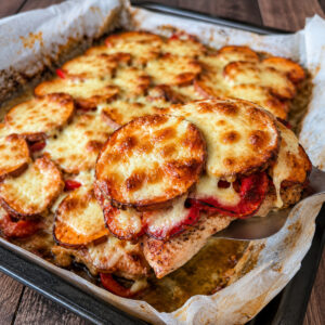 Serving of baked chicken with roasted red peppers, sweet potatoes and melted mozzarella lifted from the sheet pan.